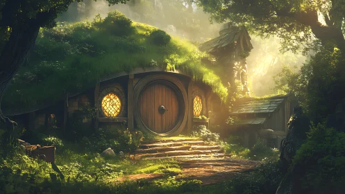 Sunlit hillside hobbit dwelling with circular wooden door.
