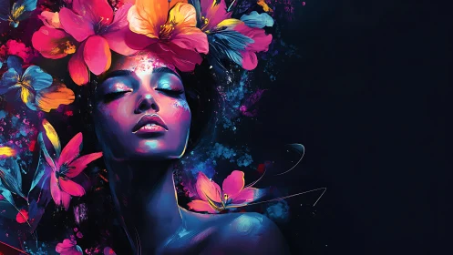 Neon bloom goddess drifting through midnight color storms.
