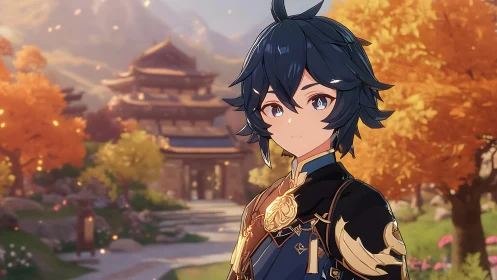 Cel-shaded anime character in ornate uniform before autumn temple courtyard