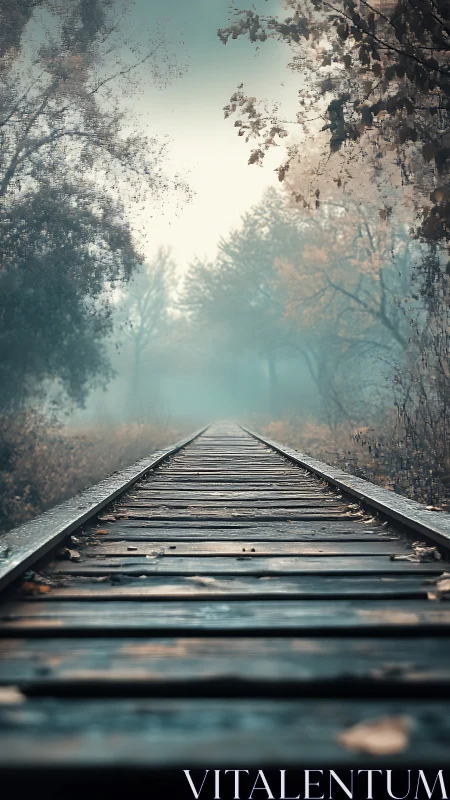 Misty forest railway leading through soft autumn haze.
