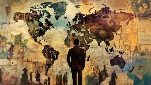 Silhouetted figures before layered world map collage.