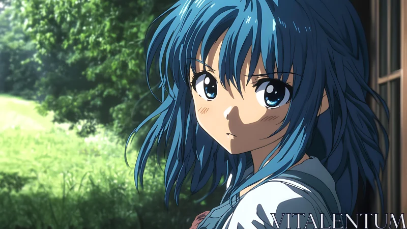 Blue haired anime girl standing in soft outdoor light.