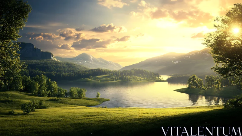 Sunlit lake valley with mountains, trees, and calm water.