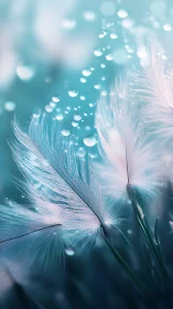 Ethereal white feathers with water droplets in teal glow.