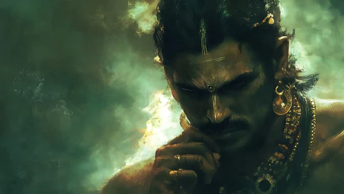 Warrior sage broods under emerald stormlit haze.