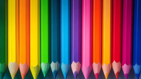 Color pencils form a vertical chromatic spectrum in macro view