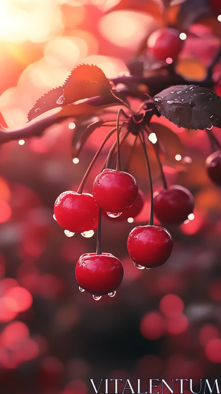 Raindrop-covered cherries glow against defocused sunset bokeh