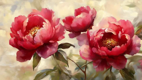 Red Peonies with Golden Centers in Oil Paint Style