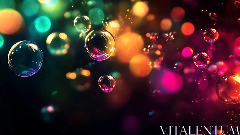 Glowing rainbow bubbles drift across vibrant bokeh lights.