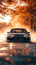 Sports coupe moves along wet road under dense autumn foliage