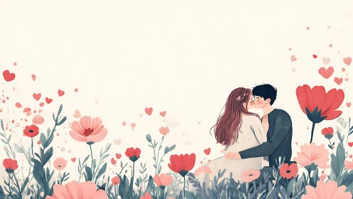 Two figures in floral field with floating hearts