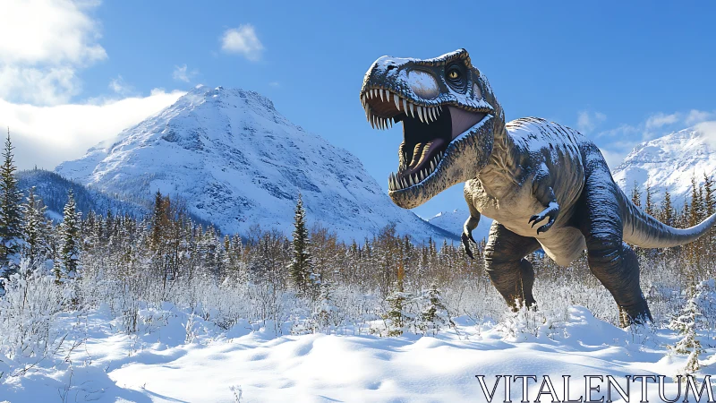 Snow covered T. rex roaring in bright alpine valley.