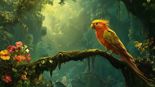 Golden parrot rests in luminous enchanted jungle glade.