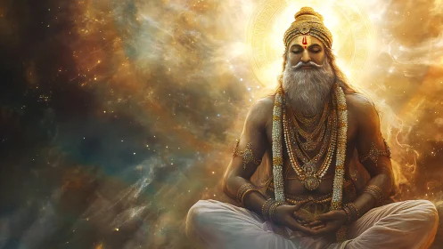 Digital painting of radiant meditating sage in cosmic mandala field.