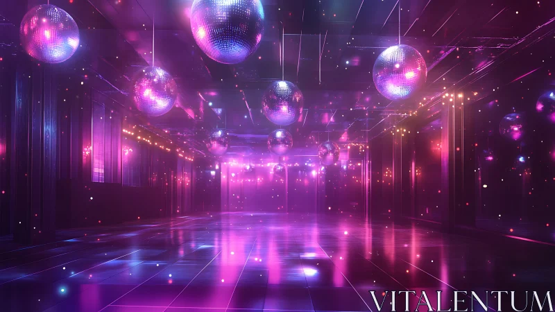 Neon lit mirrored disco hall with suspended reflective spheres