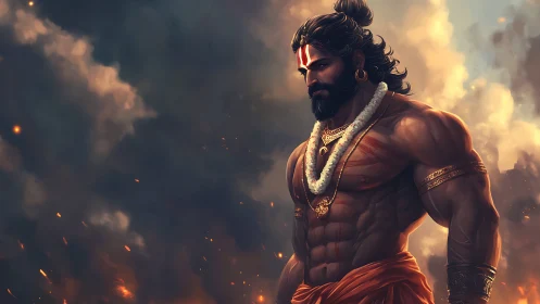 Mythic warrior saint strides through burning storm sky.