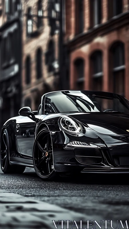 Black convertible sports car parked on wet urban street.