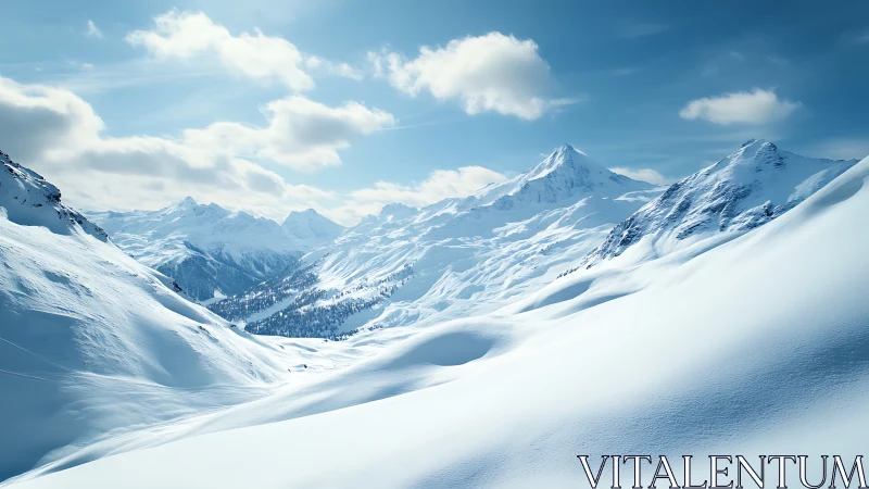 Soft winter peaks under bright and dreamy mountain skies.