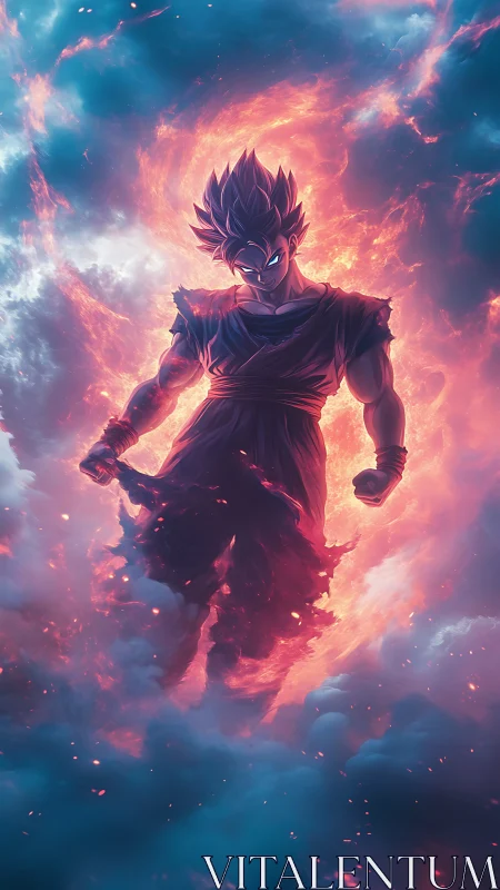 Fiery anime warrior floating in glowing storm clouds.