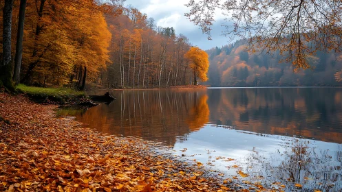 Autumn lakeside forest with mirrored golden foliage reflections.