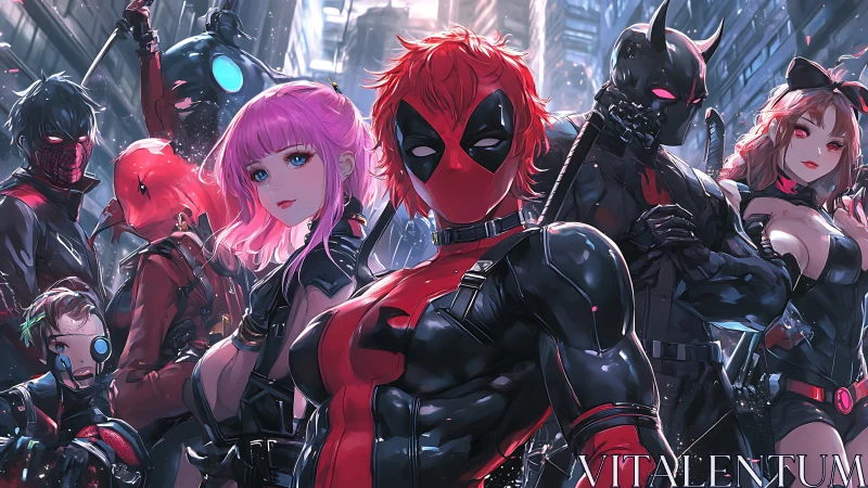 Masked vigilante team in neon city alley at night.