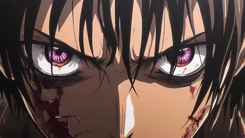 Anime close-up of wounded, intense male gaze composition.