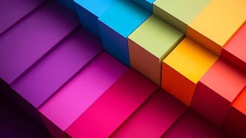 Chromatic stairways and candy-block geometry collide boldly.