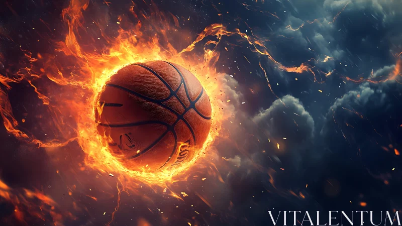 Basketball engulfed in flames against dark clouded sky.
