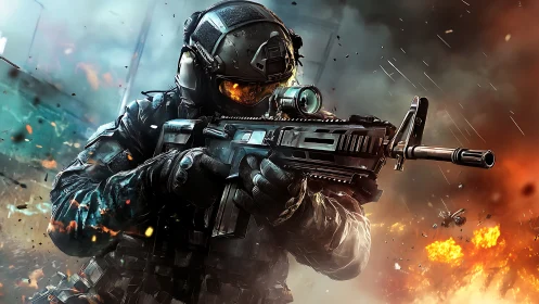 Futuristic soldier cutting through a storm of glowing chaos.