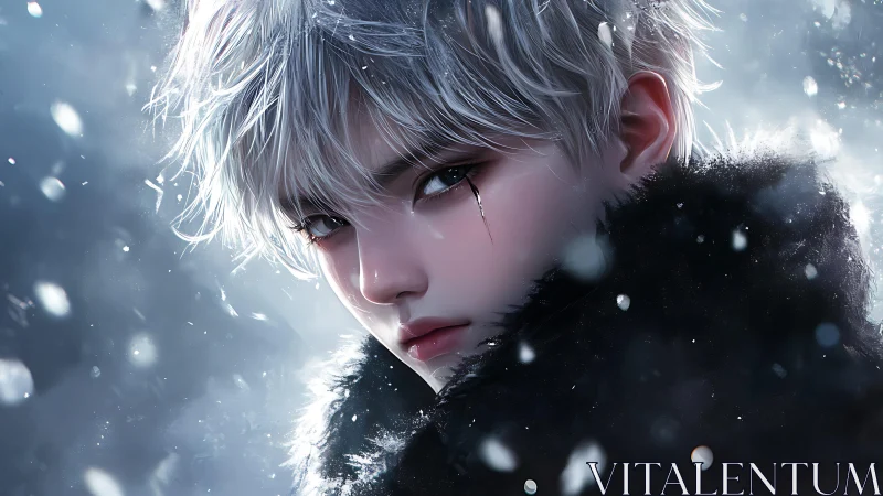 Snowlit silver haired youth in fur cloak portrait closeup.