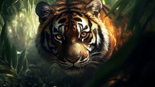 Tiger’s amber gaze pierces lush jungle shadows in silence.
