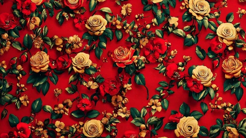 Scarlet Tapestry: Golden Roses Dance Against Crimson Velvet