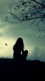 Solitary girl silhouette under moody twilight sky.