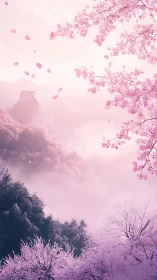 Elevated mountain shrine framed by cherry blossom canopy in mist