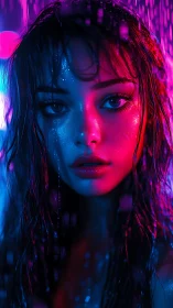 Neon-lit portrait renders wet female face in cyberpunk close-up