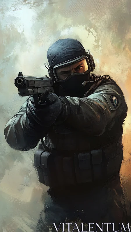 Tactical operative aiming pistol in dynamic digital portrait.
