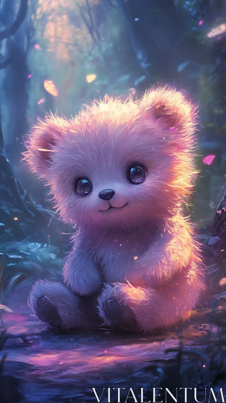 Luminous pastel teddy bear in enchanted twilight forest scene.
