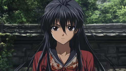 Stoic anime heroine in red kimono before rustic wall.