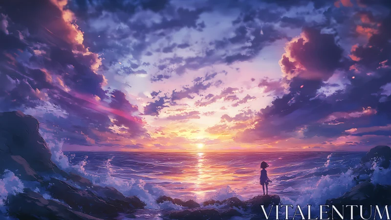 Sunset-lit ocean horizon embraces a lone silhouette dreamer.