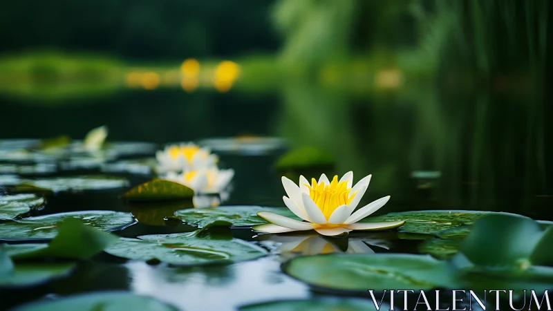 Serene white waterlily blooms drift calmly across green pond