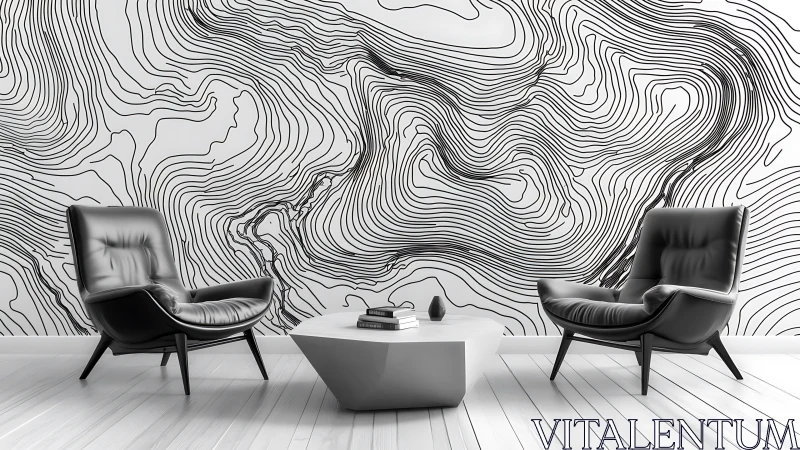 Curvy line art accent wall with cozy modern lounge chairs.