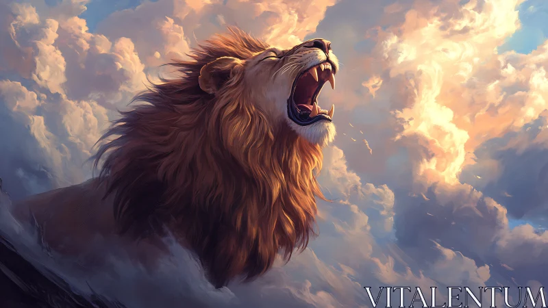 Majestic lion roars defiantly beneath blazing sunset clouds
