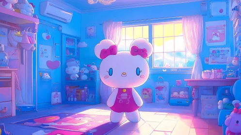 Sunlit toy bunny strolls through a pastel-crammed bedroom
