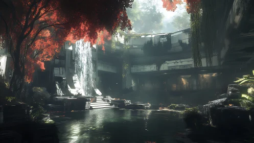 Sci-Fi Courtyard: Futuristic Architecture Meets Verdant Oasis.