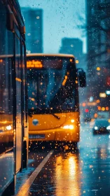 Rain-soaked city buses with golden reflections at dusk.
