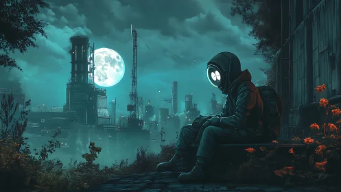 Solitary astronaut silhouette in teal industrial moonlit ruin