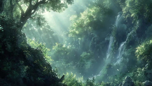 Misty Forest Canyon with Cascading Waterfalls.