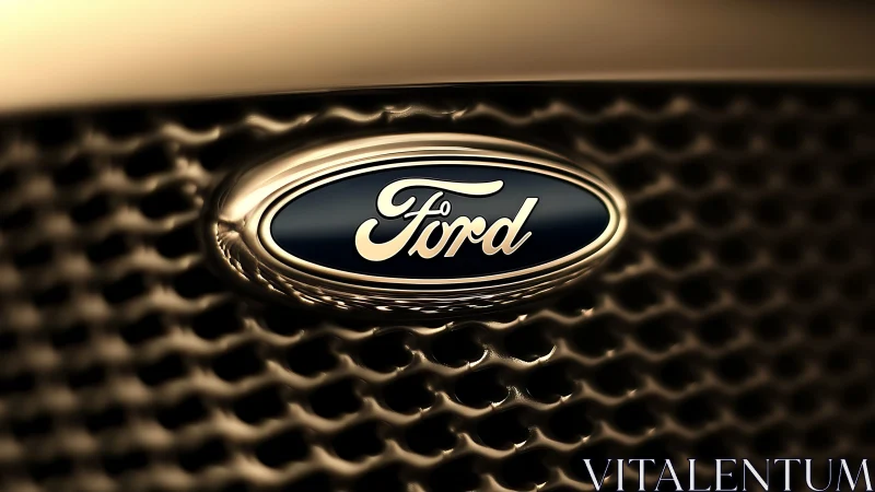Shimmering Ford car emblem rests on a sleek metallic grille