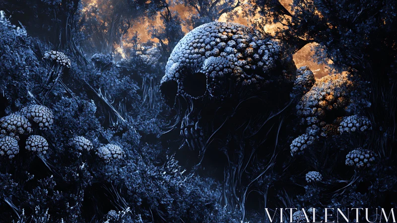 Bioluminescent skull forest under burning twilight sky.