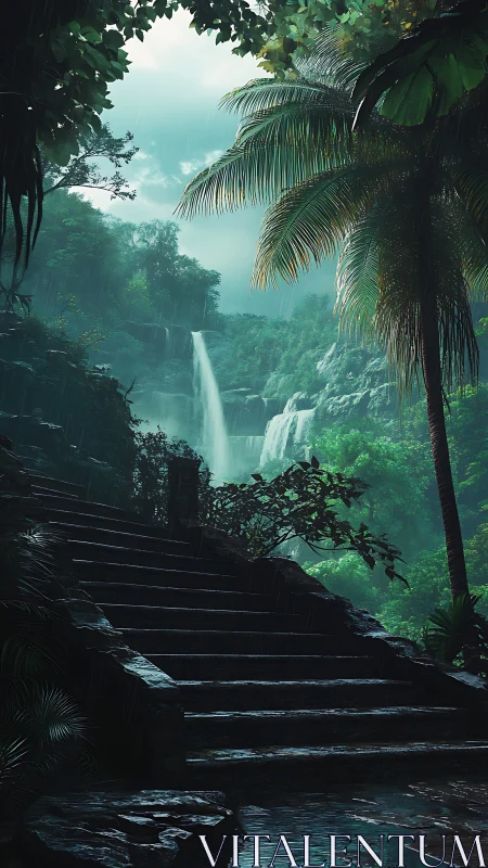 Stone stairway in dense rainforest leading toward waterfall.